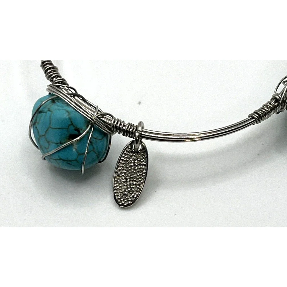 Jules C Turquoise Look Wire Wrapped Bangle Bracelet Boho Artisan Silver Tone